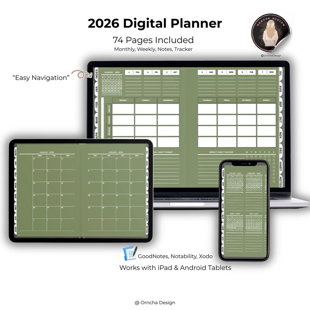 2026 Green Minimalist Digital Planner | Hyperlinked PDF (74 Pages) - Etsy