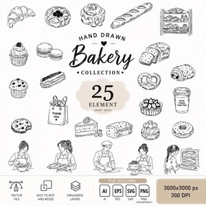 Bageri Clipart PNG SVG, handritad konditorivaruteckning, estetisk bagareillustration, söta bagerilogoelement, digital nedladdning av croissantbröd