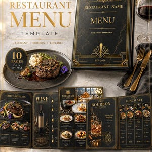 May include: A black and gold restaurant menu template featuring a main cover with the text "RESTAURANT NAME MENU" and "EST. 2026". The set includes multiple pages displaying food, wine, and bourbon selections, alongside a plate with a steak.