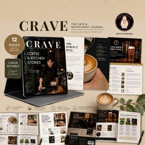 Può includere: Un modello digitale modificabile per un giornale di bar e ristoranti di 12 pagine intitolato Crave. Il set include un portatile che mostra la copertina, diversi layout di pagina stampati con fotografie di caffè, testo e una tazza in ceramica.
