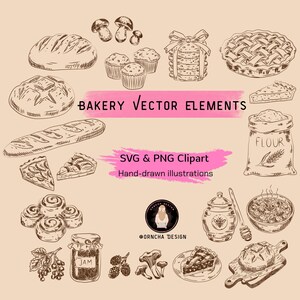 Pode incluir: Elementos vetoriais de padaria desenhados à mão em estilo de esboço. A imagem inclui ilustrações de pão, muffins, tortas, um saco de farinha, rolinhos de canela, um pote de geleia, um pote de mel e cogumelos. O texto inclui "BAKERY VECTOR ELEMENTS".