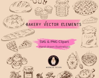 May include: Hand-drawn bakery vector elements in a sketch style. The image includes illustrations of bread, muffins, pies, flour sack, cinnamon rolls, jam jar, honey pot, and mushrooms. Text includes "BAKERY VECTOR ELEMENTS", "SVG & PNG Clipart", and "Hand-drawn illustrations".