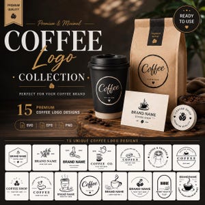 Könnte beinhalten: Eine digitale Sammlung von 15 Kaffee-Logo-Designs mit schwarz-weißen Grafiken auf einer braunen Papiertüte, einem schwarzen Kaffeebecher und einer Visitenkarte. Der Text umfasst Premium & Minimal COFFEE Logo COLLECTION und 15 Premium Coffee Logo Designs.