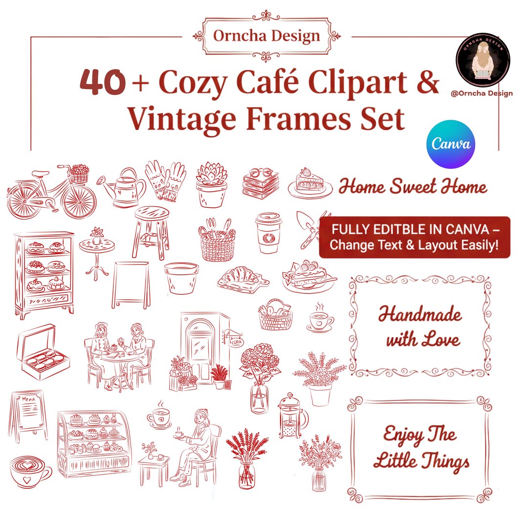 Cozy Cafe Clipart and Vintage Frames Bundle, Hand Drawn Coffee Shop ...