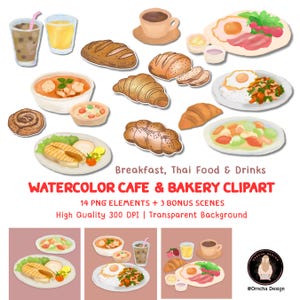 Watercolor Cafe Clipart – Thai Food, Breakfast Scenes (PNG + JPG Files)