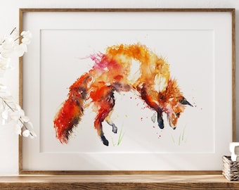 Leaping Fox Watercolor Painting Art Print: Signed Wildlife Wall Art