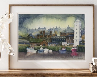 North Shields Quayside Mounted Giclée Fine Art Print, Limited Edition, Home Decor, Hand Signed, Wall Art, Watercolour, Free UK Delivery