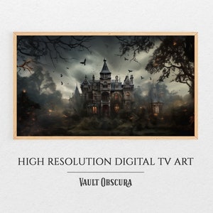 May include: A dark, gothic-style mansion with a tall, pointed roof and many windows. The house is surrounded by trees and fog, and there are birds flying in the sky. The image has a spooky and mysterious atmosphere.