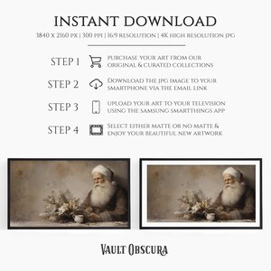 May include: A digital download of a painting of a man with a white beard and a red hat holding a cup. The man is sitting in front of a table with a bouquet of flowers. The background is a light brown color. The image is titled "VAULT OBSCURA".