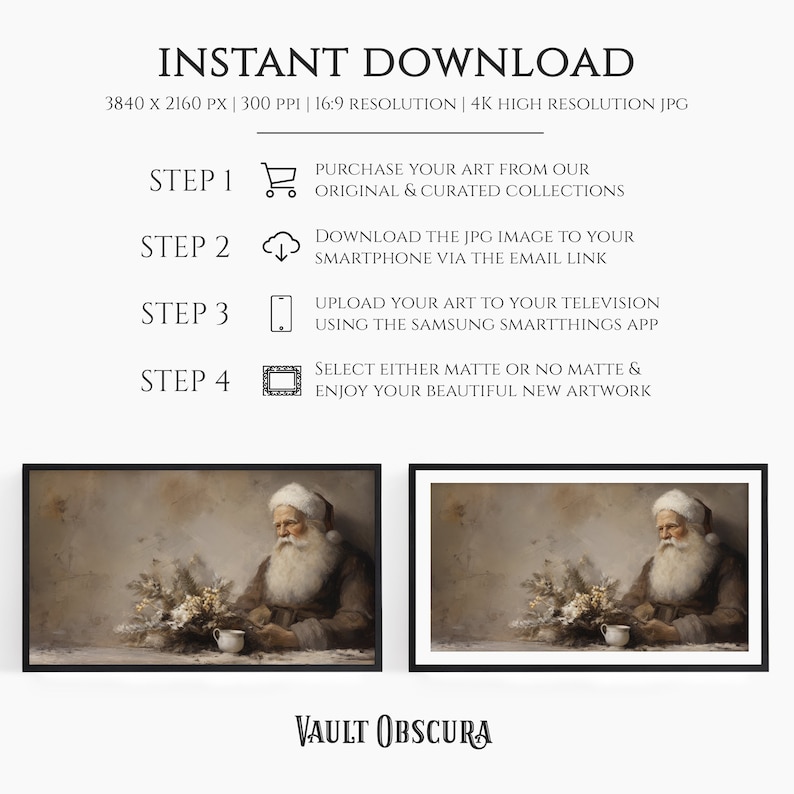 May include: A digital download of a painting of a man with a white beard and a red hat holding a cup. The man is sitting in front of a table with a bouquet of flowers. The background is a light brown color. The image is titled "VAULT OBSCURA".