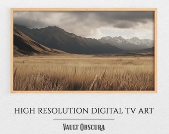May include: A framed landscape print depicting a field of golden grass, mountains, and a cloudy sky. The print includes the text "HIGH RESOLUTION DIGITAL TV ART" and "VAULT OBSCURA" at the bottom, presented in a wooden frame.