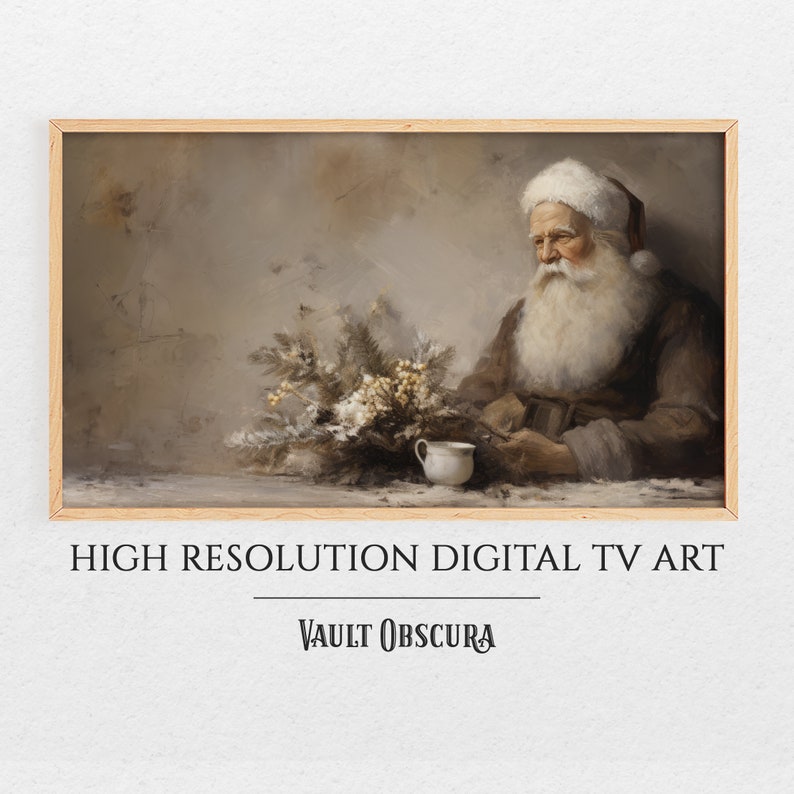 May include: A painting of a bearded man wearing a white hat and a brown coat, sitting at a table with a white cup and a bouquet of white flowers. The background is a muted gray.