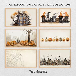 Könnte beinhalten: Ein Set aus sechs digitalen druckbaren Halloween-Kunstdrucken mit Aquarell-Illustrationen eines Spukhauses, eines Geistes, Kürbissen, Katzen mit Hexenhüten, einem Spinnennetz und einer Reihe von Häusern. Die Drucke sind in einem hellen Holzrahmen gerahmt.
