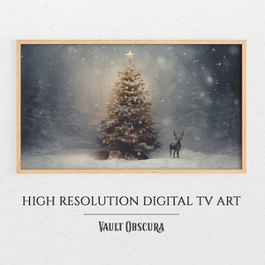 Vintage Reindeer Christmas Frame TV Art | Christmas Tree | High-Resolution Digital Artwork | Snowy Winter Scene | Instant Download