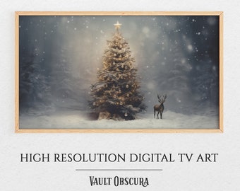 Vintage Christmas Tree TV Art: Reindeer Snowy Winter Scene (Digital Download)