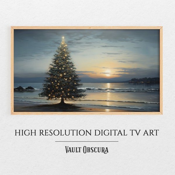 Tropical Christmas Tree Frame TV Art | Vintage Beach Scene | High-Resolution Digital Artwork | Ocean Winter Scene | Instant Download