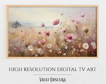 Vintage Field of Pink Wildflowers TV Art | Oil Painted Meadow Scene | High-Resolution Digital Artwork | Natural Landscape | Instant Download