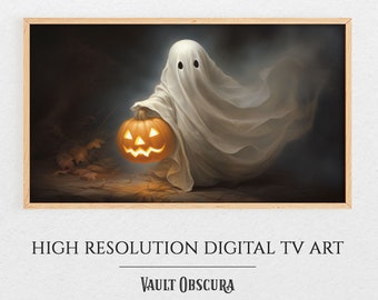ハロウィーンフレームテレビアートかわいいゴースト | ヴィンテージの不気味なアートワーク | 幽霊のようなサムスンのデジタルアート | 素朴な秋の風景 | デジタルダウンロードアートワーク