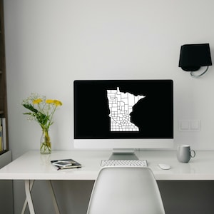 Mappa dello stato del Minnesota con stampa dei confini della contea, stampa artistica da parete della mappa dello stato del Minnesota, carta da parati della mappa del Minnesota 1920:1080, bianco e nero