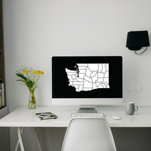 Kaart van de staat Washington met print van de provinciegrenzen, kunst aan de muur van de kaart van de staat Washington, kaart van de staat Washington 1920:1080, zwart-wit