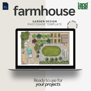 Puede incluir: Una ilustración digital de una plantilla de diseño de jardín de granja. La plantilla muestra una vista desde arriba de un jardín con una variedad de plantas, árboles y elementos de jardín. La plantilla está diseñada para su uso en Photoshop.