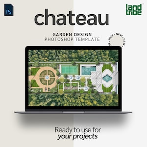 May include: A laptop screen showing a top-down view of a detailed garden design plan. The plan includes a large house, a swimming pool, a tennis court, and various landscaping features. The text "chateau" and "GARDEN DESIGN PHOTOSHOP TEMPLATE" is displayed above the image.