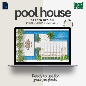 Puede incluir: Una pantalla de computadora portátil que muestra una vista superior de un diseño de casa de piscina. El diseño incluye una piscina, muebles de patio y paisajismo. El texto "pool house" y "GARDEN DESIGN PHOTOSHOP TEMPLATE" se muestra en la pantalla.
