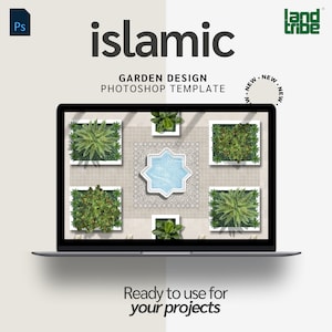 Puede incluir: Una pantalla de computadora portátil que muestra una plantilla de diseño para un jardín islámico. La plantilla muestra una vista desde arriba de un patio con una fuente central y cuatro macizos de flores cuadrados.