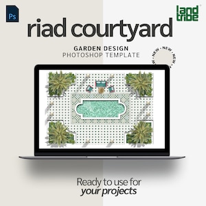 Puede incluir: Una pantalla de computadora portátil que muestra una vista superior de un diseño de jardín de patio. El diseño incluye una piscina, palmeras y un patio de baldosas. El texto "riad courtyard" se muestra en la parte superior de la pantalla.
