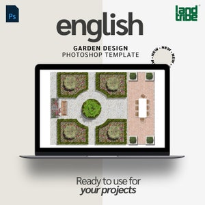 Puede incluir: Una ilustración digital de una plantilla de diseño de jardín inglés. La plantilla muestra un camino circular con cuatro parterres de flores cuadrados que lo rodean. Los parterres de flores están llenos de follaje verde y flores coloridas. Un pequeño árbol se encuentra en el centro del camino. Una mesa y sillas se encuentran en la esquina superior derecha del diseño.