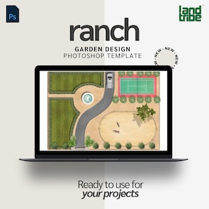 Puede incluir: Una ilustración digital de un diseño de jardín de rancho. El diseño incluye una cancha de tenis, una arena para montar a caballo, una entrada y una fuente. El diseño se muestra en la pantalla de una computadora portátil.