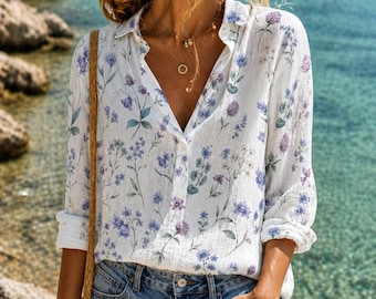 Chemisier à fleurs bleu pour femme, chemise cottagecore à fleurs sauvages, haut printemps-été léger