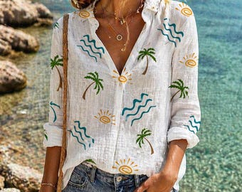 Camisa de verano playera para mujer, blusa con estampado de palmeras tropicales, camisa informal de lino suelta, top para vacaciones, ropa de playa ligera