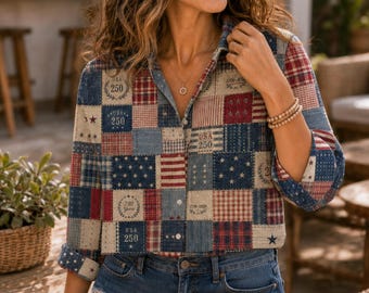 Blusa/camisa patriótica de retazos, camisa abotonada del 250 aniversario de EE. UU., top bohemio vintage con la bandera estadounidense para mujer.