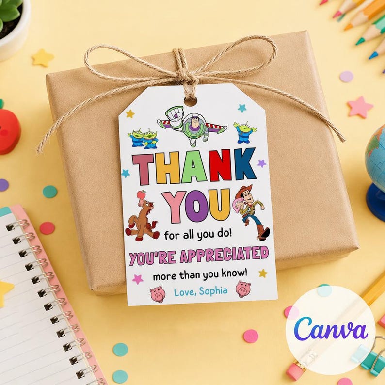 May include: A gift wrapped in brown paper, tied with twine, and adorned with a white tag. The tag features colorful cartoon characters and the words "THANK YOU" and "YOU'RE APPRECIATED". The tag is personalized with the name "Sophia".