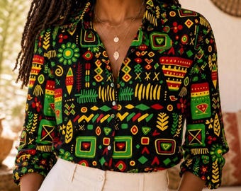 Blusa Juneteenth, blusa con botones de estampado africano, camisa del Día de la Libertad de la Historia Negra para mujer