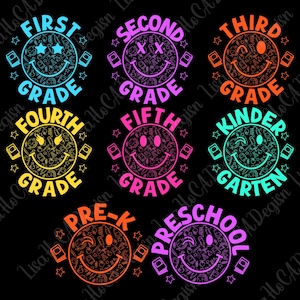 Neon Smiley Face First/ Second/ Third Grade Bundle Png, Preppy Back To School Png, Pre-k Colorful School Teacher Png, 1st Day Of School Png