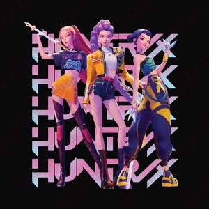 May include: Three stylized female figures in fashionable outfits stand against a black backdrop with the word "HUNTER" in a pink and blue gradient. Each figure holds a weapon, with one in a yellow jacket and another in a blue crop top.