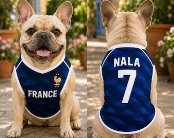 Personlig Frankrike hundfotbollströja, Anpassad husdjursnamnsnummertröja, Frankrikeinspirerad husdjurströja, Fotbollsfan-outfit