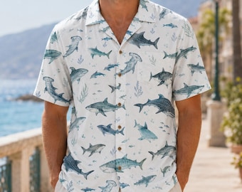 Camisa havaiana com estampa de tubarão, camisa de botão com estampa da vida marinha e do oceano, ideal para presentear amantes de tubarões nas férias de verão.
