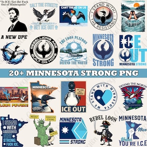May include: A collection of digital PNG graphics with various designs. The images feature loons, state outlines, and text such as "Minnesota Strong," "Ice Out," and "Rebel Loon." The color palette includes blue, black, and white.
