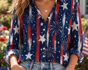 Patriotic Stars Fireworks Stripes Blouse Shirt | 4th Of July USA Flag Blouse Gift For Women, 250 Years Anniversary Top