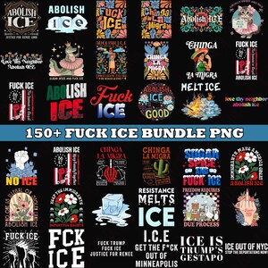 May include: A collection of graphic designs with various slogans and illustrations. The designs feature phrases like "Abolish ICE," "Fuck ICE," and "Chinga La Migra." The images include a variety of styles, from simple text to detailed illustrations, and are presented on a black background.