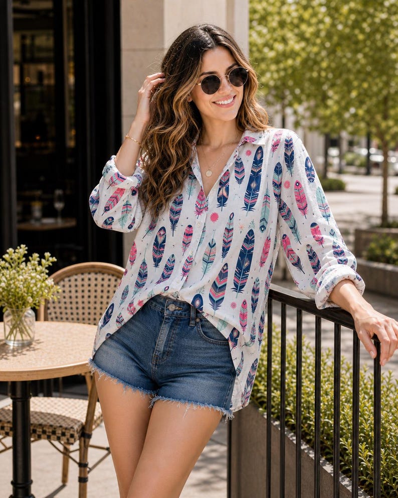 Minimal Boho Blouse Women, Neutral Print Shirt, Everyday Casual Outfit ...