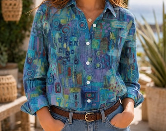 Buntes Patchwork bedruckte Bluse Frauen, Boho Shirt, Frauen Shirt, Vintage Shirt, Sommer Top, Casual Shirt, Button Up Shirt Geschenk für sie
