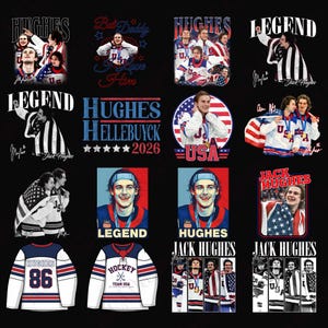 May include: A collection of hockey-themed designs on a black background. The designs include images of players, the American flag, and text such as "HUGHES," "LEGEND," and "USA." Some designs feature jerseys with the number 86.