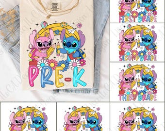 8 Stitch Back To School PNG Bundle, Cartoon First Day Of School Design, Preppy Pre-K To 5th Grade, Stitch Pastel Bow Png, Cute School PNG