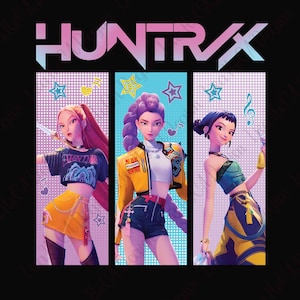 May include: Digital illustration featuring three stylized female figures with musical notes and stars. The text "HUNTRX" is at the top. Each figure is in a different outfit, with a variety of colors including yellow, black, and blue.