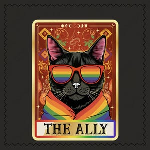 L'allié chat noir carte de tarot PNG, téléchargement numérique fierté LGBTQ, art esthétique sorcière queer, allié magique des cliparts chat, mois de la fierté Png