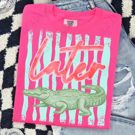 Everyday Later Gator PNG, Trendy Girly Preppy Coastal Design, Summer Bay Watercolor Stripes, Kids Fashion Graphic PNG Download